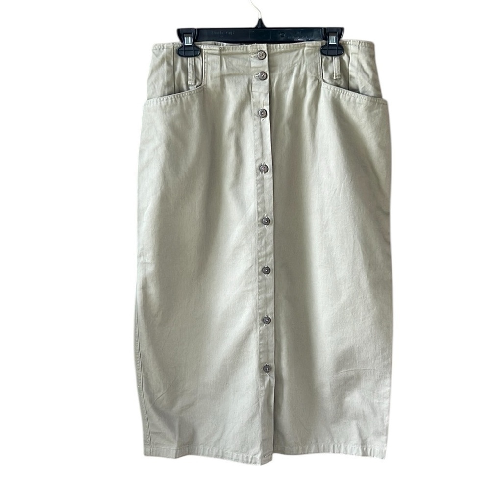 Gloria Vanderbilt Vintage 100% Cotton Essential Khaki Button Front Midi Skirt